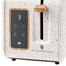 2-slice digital toaster display with linen speckle body and wood lever