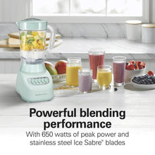 Hamilton Beach mint smoothie blender with clear jar beside multiple filled drink cups