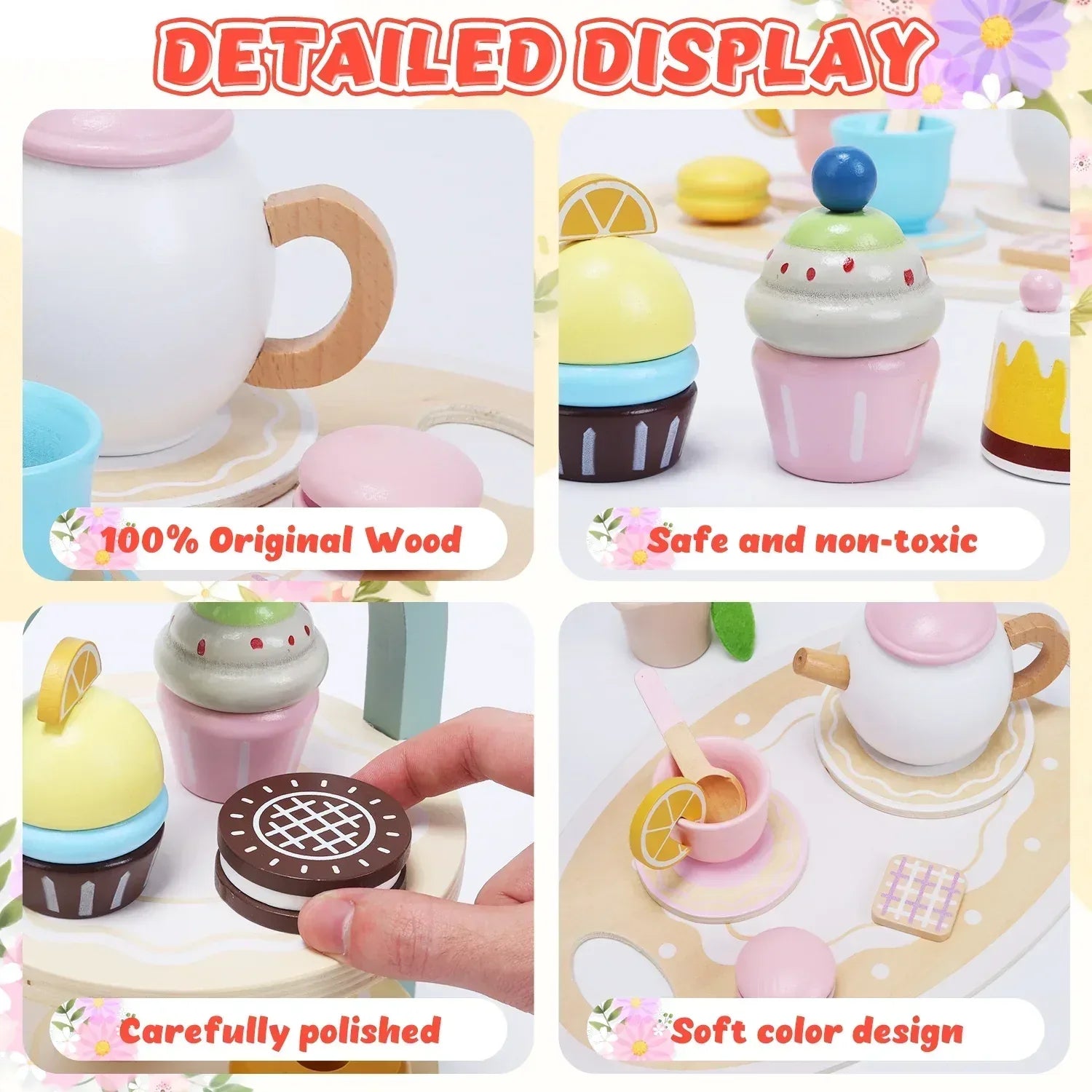 JoyStone Wooden Tea Party Set for Toddlers, Pretend Play Tea Sets for Kids with Storage Cupcake Stand, Wooden Toys Gifts for Girls & Boys - USA MEGA SHOP