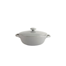 Gray covered small stoneware casserole with domed lid and side handles
