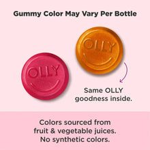 Two colored gummies labeled OLLY, with fruit and vegetable juice sourced color