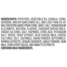 Ruffles queso snack chips ingredients text listing potatoes, oils, and dairy allergens