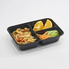 3-compartment meal prep container holding pasta, vegetables, and citrus