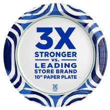 10-inch disposable paper plate with white center and blue wave border, 3x stronger message