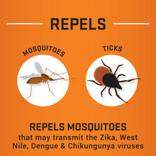 Mosquito and tick repellent icons on orange graphic with insect repellent claim