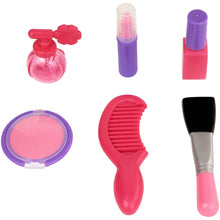 Pretend makeup accessory set: lip gloss, blush compact, hair comb, and brush