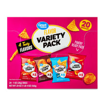 Flavor variety pack box with 20 single chip bags and four tasty flavors