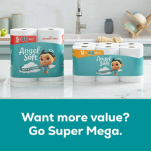 Angel Soft toilet paper mega rolls bundle, multiple teal-and-white packs on a counter