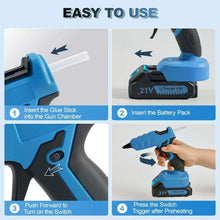 Blue cordless hot glue gun with instructions-style step views showing parts and controls