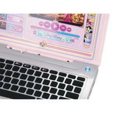 Pink pretend laptop close-up with keyboard and sound-effect buttons
