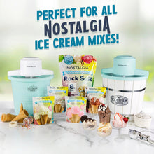Aqua ice cream maker with white canister lid and ice cream mix ingredients