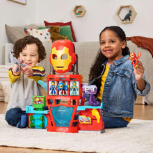 Red and blue Iron Man playset with three figure compartments and purple shooter