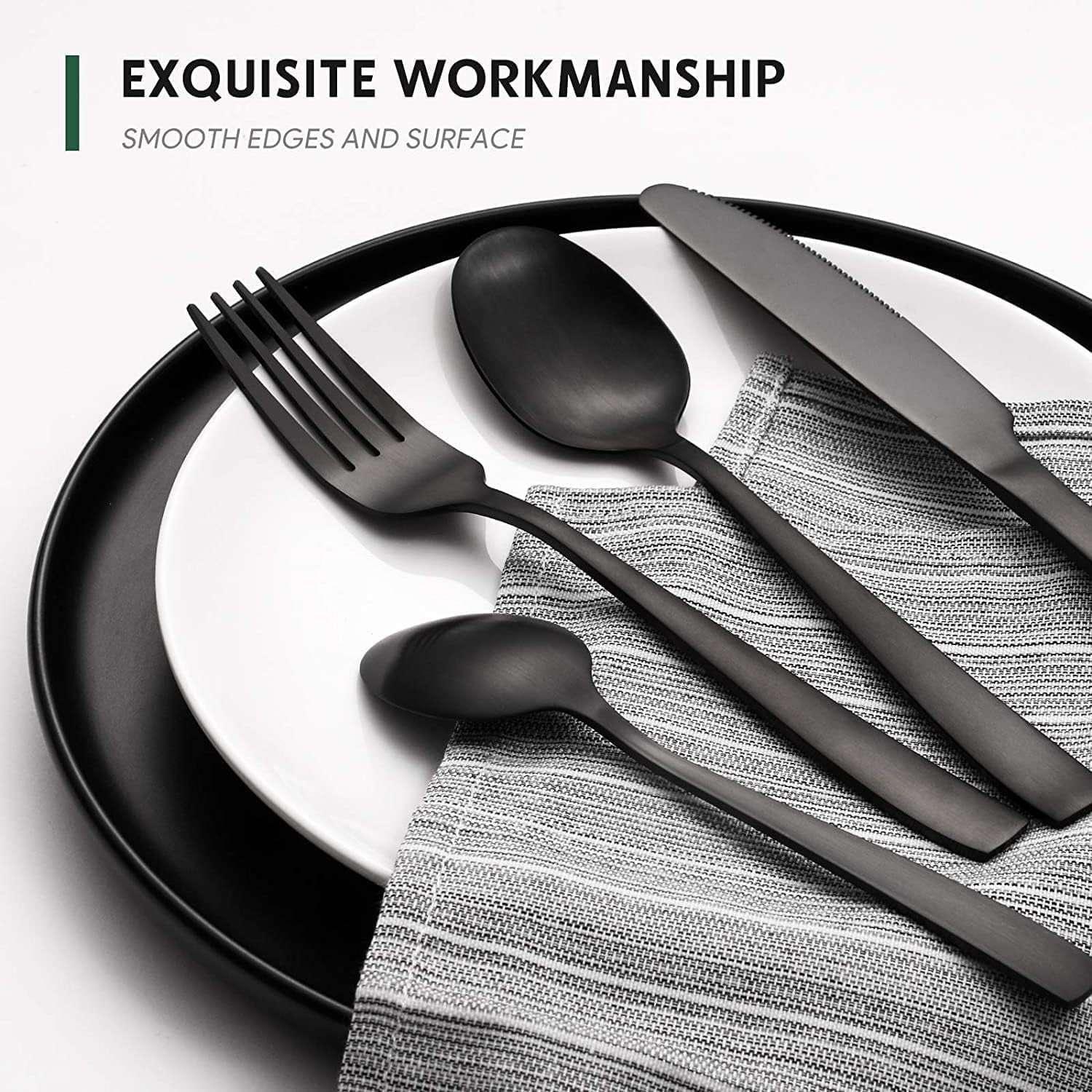 48-Piece Mirror Finished Black Silverware Set with Steak Knives, Black Flatware Set for 8, Stainless Steel Tableware Cutlery Set, Utensil Sets for Kitchen