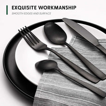 Black matte dinner cutlery set with spoons, forks, and knives