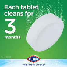 Toilet bowl cleaner tablet pack label with white tablet and 3 months claim