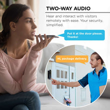 Two-way audio doorbell camera use with woman speaking and delivery inset