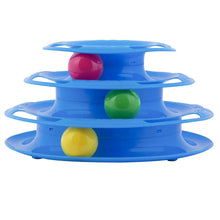 Triple-tier blue ball chase tower toy with three ramps and red, green, yellow balls