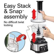 Food processor assembly with hands locking clear bowl to motor base and top chute