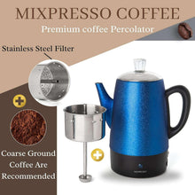 Blue electric coffee percolator with stainless filter basket and black warming base
