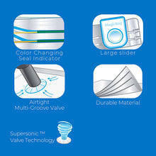 Compression bag feature icons: seal indicator, large slider, airtight multi-groove valve