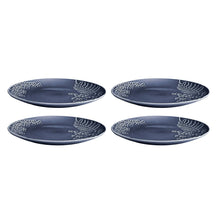 Blue stoneware dinnerware plates, four round pieces with fern and floral pattern