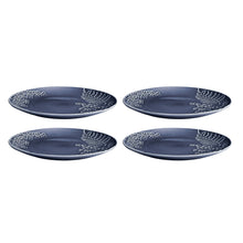Set of four blue dinner plates with floral and fern etched pattern