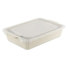 White ribbed stoneware rectangular casserole dish with matching clear lid
