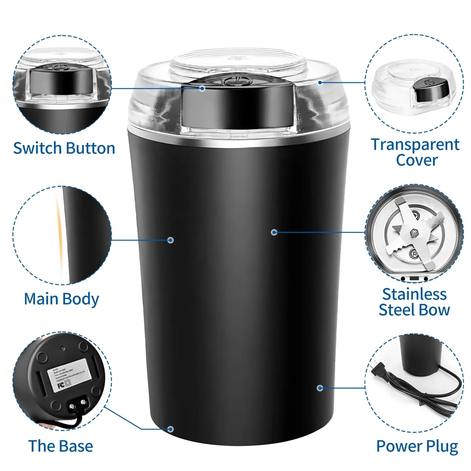 TINANA Electric Coffee Grinder 200W, One-Touch Coffee Bean and Spice Grinder with Cleaning Brush, 2.8oz Capacity, Stainless Steel Blade, Black
