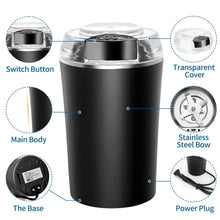 Black electric coffee grinder with transparent cover and power plug