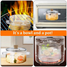 Glass cooking pot with lid and two side handles, clear ribbed sides, cork knob