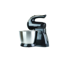 Stand mixer with stainless steel bowl and beater attachment, angled view