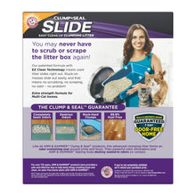 Clump & Seal Slide cat litter box back panel with features and instructions.