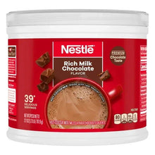 Hot cocoa mix can front, Rich Milk Chocolate flavor, Premium Chocolate Taste badge