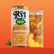 Ryl Tea peach iced tea can beside a glass of iced tea