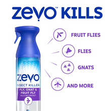 Zevo insect killer spray bottle showing fruit flies, flies, and gnats