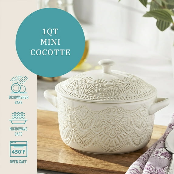The Pioneer Woman 1QT Cocotte Casserole Baking Dish with Lid, Stoneware, Vintage Lace, Linen