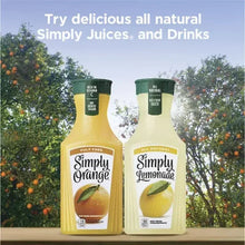 Two Simply drinks bottles: pulp-free orange juice and lemonade with green caps