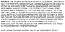 Ingredients panel for cookies on box back, including corn syrup, flour, and oils