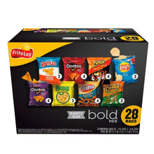 Snack chip variety pack box, bold mix 28 bags, Frito-Lay logo and chips graphics