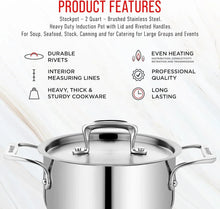 Brushed stainless steel stockpot with lid and riveted handles, front angle
