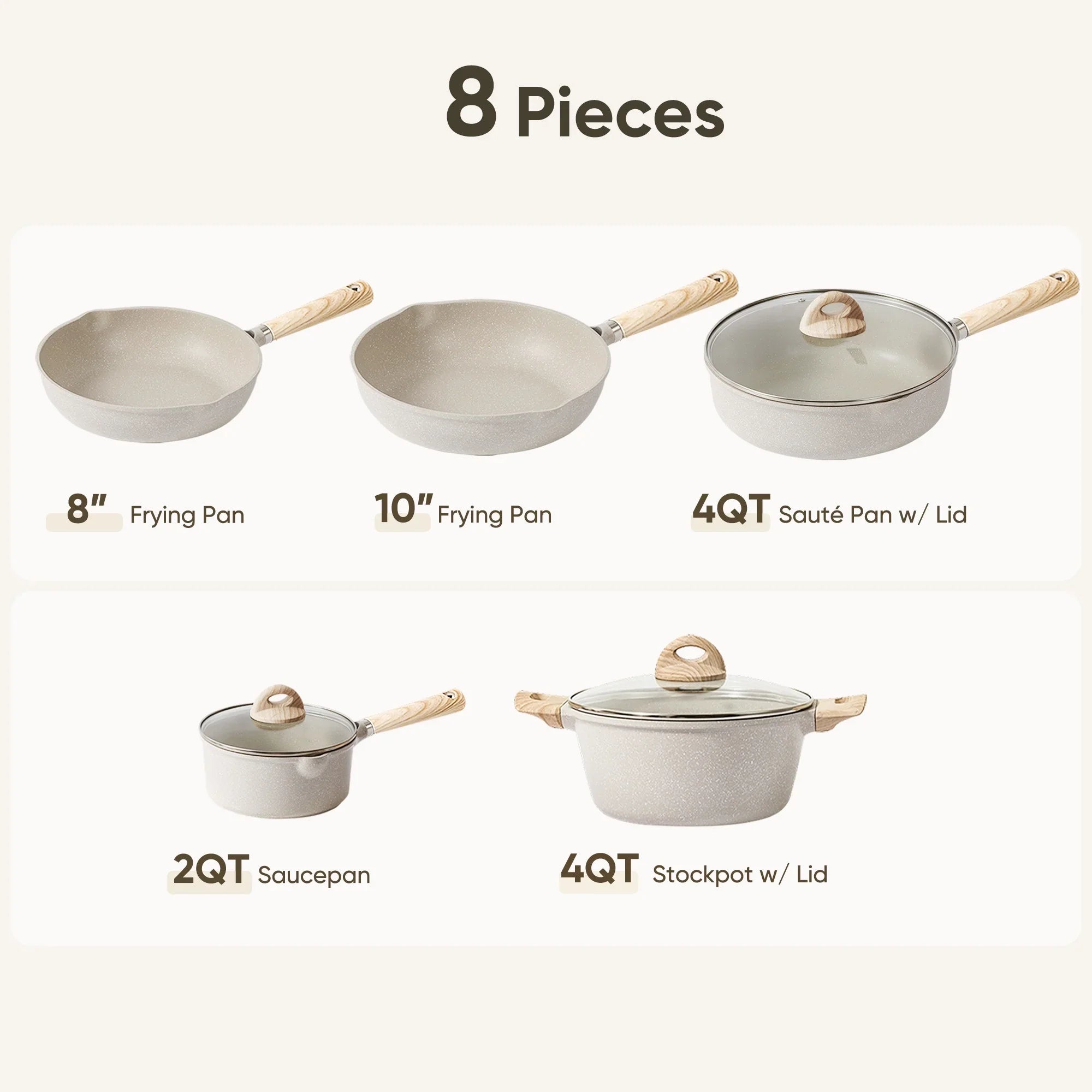 Carote Nonstick Cookware Set 8-Piece,Kitchen Pots and Pans Set,Stay-Cool Handles,Induction Compatible,Cookware Set for RV and Camping,Beige