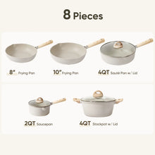 8-piece cookware set showing frying pans and saucepans with wood handles