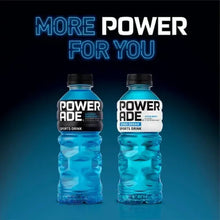 Powerade sports drink bottles, blue with black labels, two-pack display.