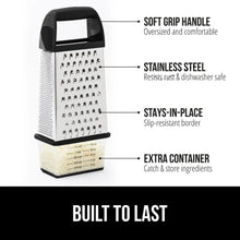 Stainless steel box grater with black soft-grip handle and grating face