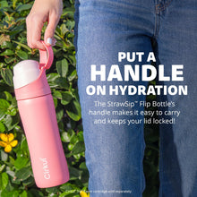 Coral pink flip-top water bottle with carrying handle and closed lid