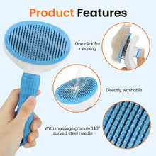 Pet deshedding brush with blue massage bristles and curved needle teeth