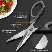 Kitchen scissors set with serrated blades, gray bodies and orange-accent soft grips.