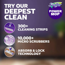 Power mop promotional graphic with purple logo and micro-scrubber strip icons