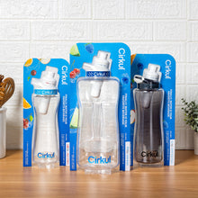Variety of 32oz gray Cirkul bottles with black lids and blue flavor cartridges in packaging