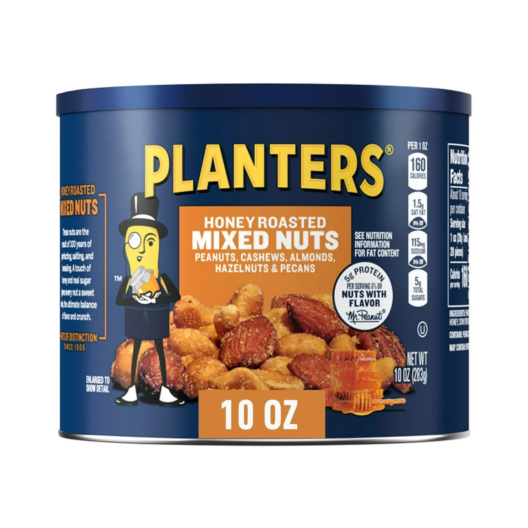 PLANTERS Honey Roasted Mixed Nuts, Party Snacks, Plant Based Protein, 10 oz Steel Can
